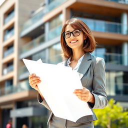 A confident, professional architect woman standing in front of a modern building, holding blueprints in her hand