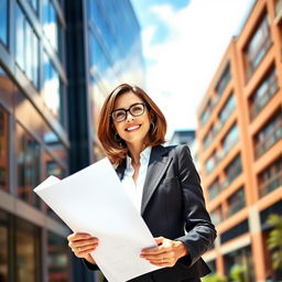 A confident, professional architect woman standing in front of a modern building, holding blueprints in her hand