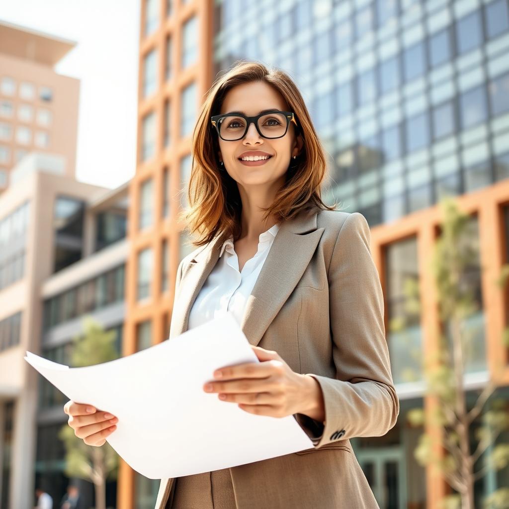 A confident, professional architect woman standing in front of a modern building, holding blueprints in her hand
