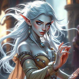 A captivating DnD character portrayal of Maeve, depicted as a striking figure with smooth light blue skin and elegantly pointed elven ears