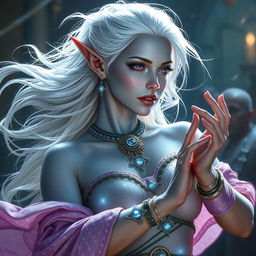 A captivating DnD character portrayal of Maeve, depicted as a striking figure with smooth light blue skin and elegantly pointed elven ears