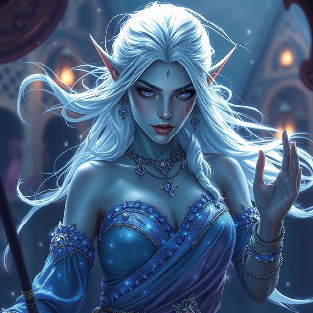 A captivating DnD character portrayal of Maeve, depicted as a striking figure with smooth light blue skin and elegantly pointed elven ears