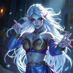 A stunning DnD character art of Maeve, portrayed as a striking figure with light blue skin and elegantly pointed elven ears