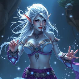 A stunning DnD character art of Maeve, portrayed as a striking figure with light blue skin and elegantly pointed elven ears