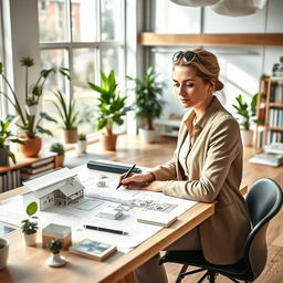 An architect woman with features resembling the user, wearing stylish work attire, focused on designing a modern home