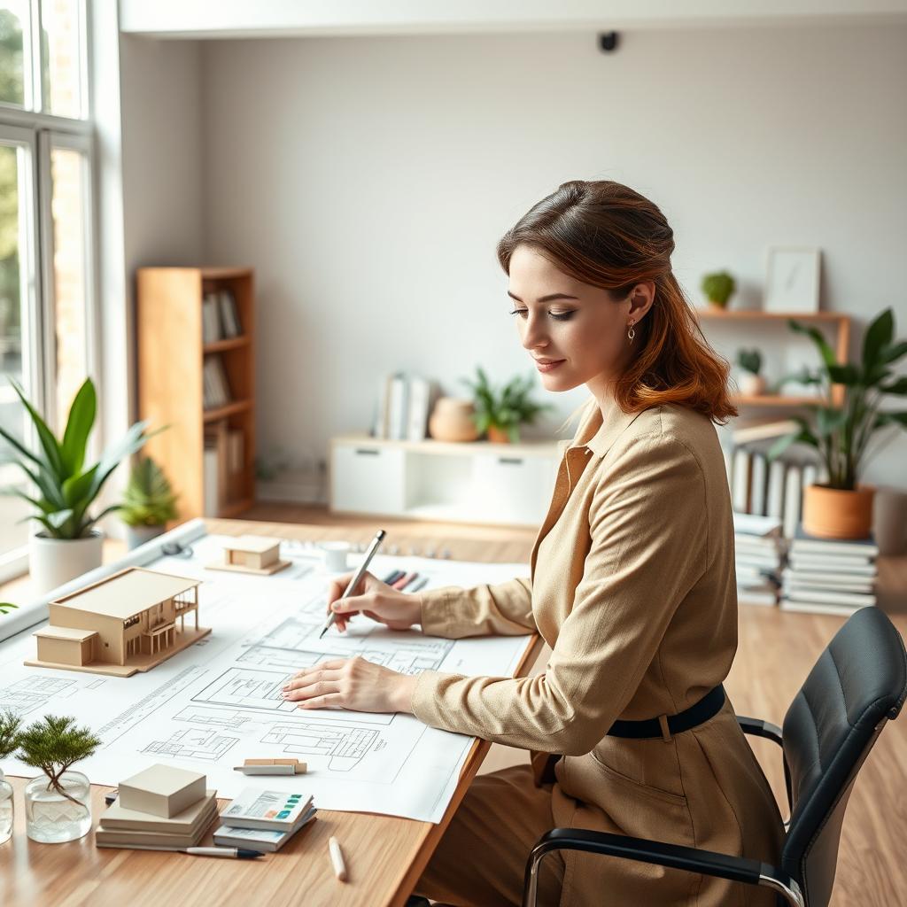 An architect woman with features resembling the user, wearing stylish work attire, focused on designing a modern home