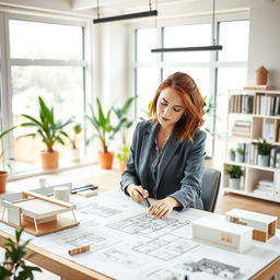 An architect woman with features resembling the user, wearing stylish work attire, focused on designing a modern home