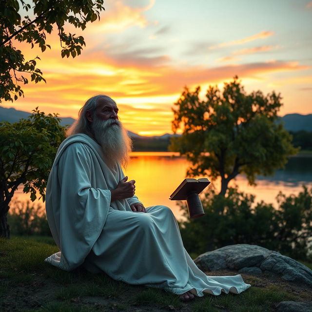 An inspiring and tranquil depiction of Stoicism, showcasing an ancient philosopher dressed in a flowing white toga, seated near a serene lake at dusk