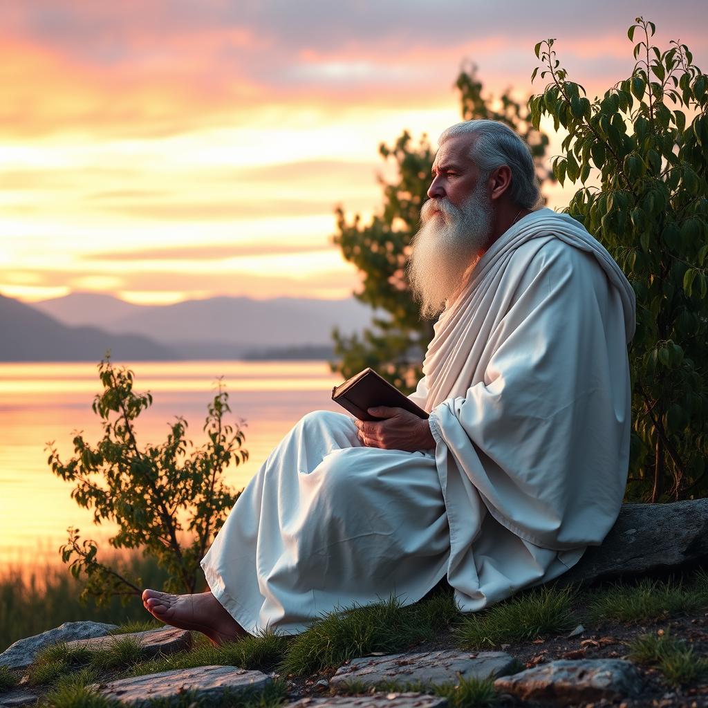 An inspiring and tranquil depiction of Stoicism, showcasing an ancient philosopher dressed in a flowing white toga, seated near a serene lake at dusk