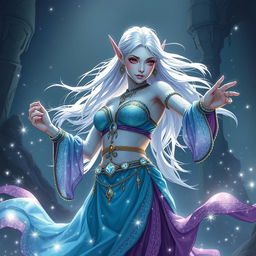 A detailed DnD character illustration of Maeve, standing as a striking figure with smooth light blue skin and elegantly pointed elven ears