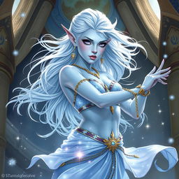 A detailed DnD character illustration of Maeve, standing as a striking figure with smooth light blue skin and elegantly pointed elven ears