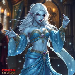 A detailed DnD character illustration of Maeve, standing as a striking figure with smooth light blue skin and elegantly pointed elven ears