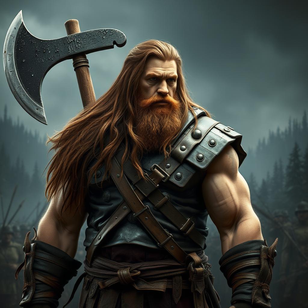 A big human man warrior with long chestnut brown hair flowing down his back, adorned in rugged leather armor that highlights his broad shoulders