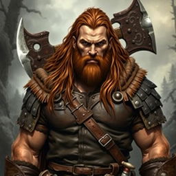 A big human man warrior with long chestnut brown hair flowing down his back, adorned in rugged leather armor that highlights his broad shoulders