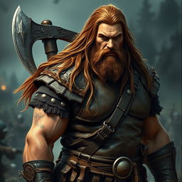 A big human man warrior with long chestnut brown hair flowing down his back, adorned in rugged leather armor that highlights his broad shoulders