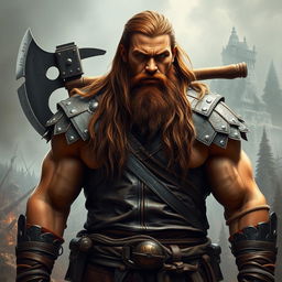 A big human man warrior with long chestnut brown hair flowing down his back, adorned in rugged leather armor that highlights his broad shoulders