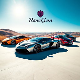 A visually striking and inviting scene showcasing a collection of rare and exotic cars parked in a sunlit, vibrant environment