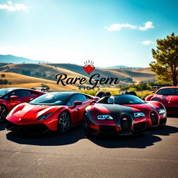 A visually striking and inviting scene showcasing a collection of rare and exotic cars parked in a sunlit, vibrant environment