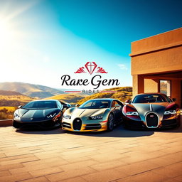 A visually striking and inviting scene showcasing a collection of rare and exotic cars parked in a sunlit, vibrant environment