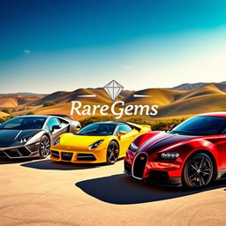 A visually striking and inviting scene showcasing a collection of rare and exotic cars parked in a sunlit, vibrant environment