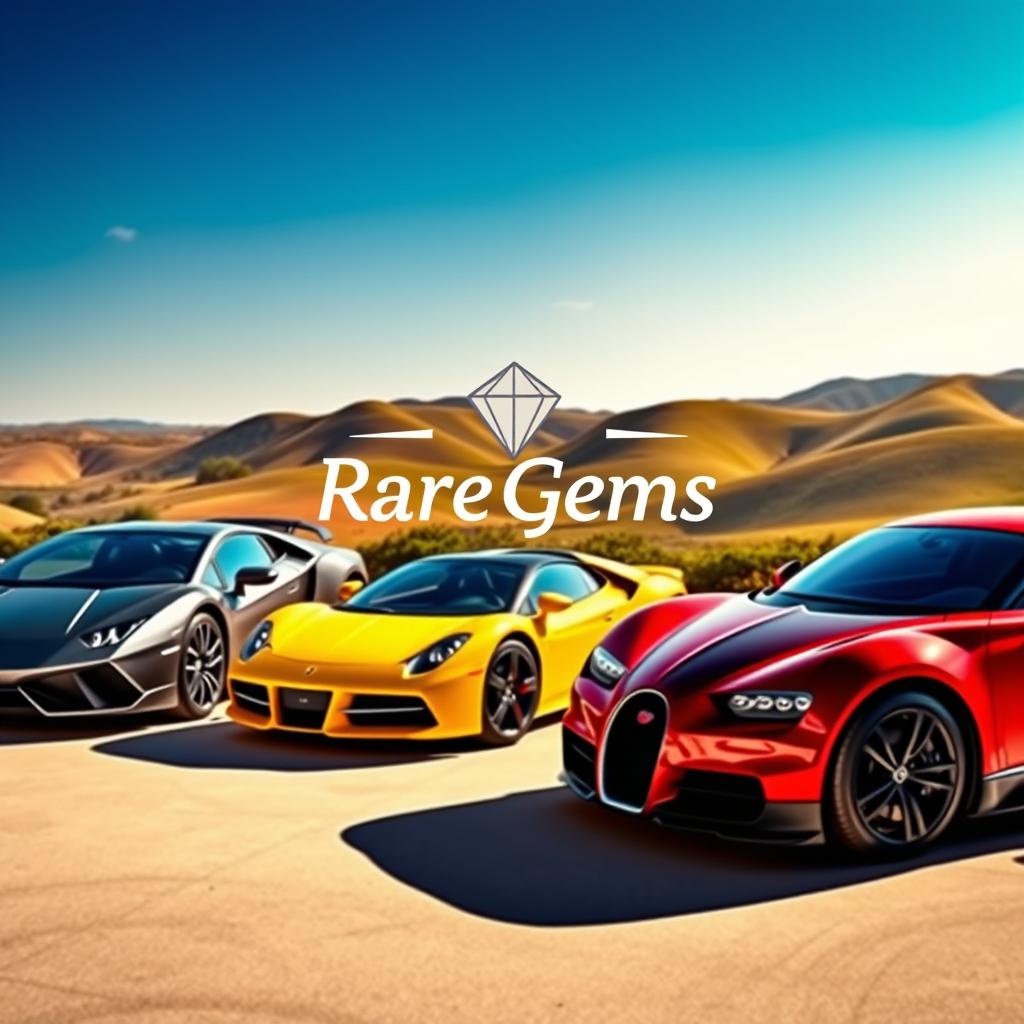 A visually striking and inviting scene showcasing a collection of rare and exotic cars parked in a sunlit, vibrant environment