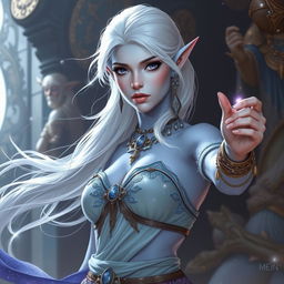 An enchanting DnD character art representation of Maeve, showcasing her as a striking figure with smooth light blue skin and gracefully pointed elven ears