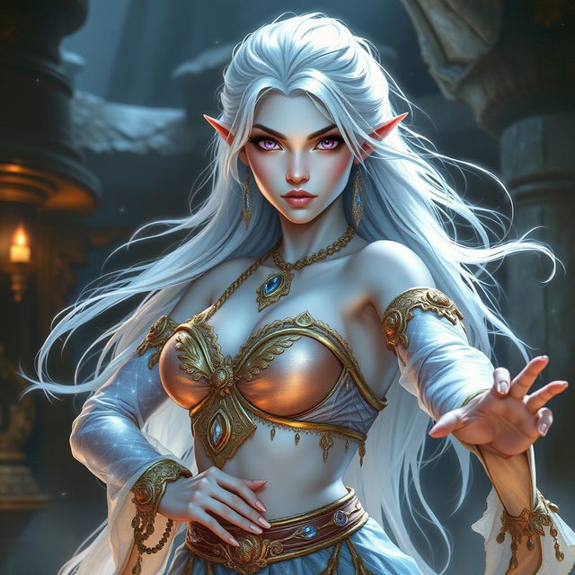 An enchanting DnD character art representation of Maeve, showcasing her as a striking figure with smooth light blue skin and gracefully pointed elven ears