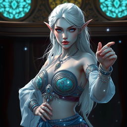 An enchanting DnD character art representation of Maeve, showcasing her as a striking figure with smooth light blue skin and gracefully pointed elven ears