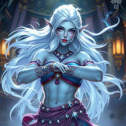 An exquisite DnD character art of Maeve, showcasing her as a striking figure with smooth light blue skin and elegantly pointed elven ears