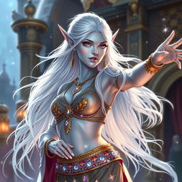 An exquisite DnD character art of Maeve, showcasing her as a striking figure with smooth light blue skin and elegantly pointed elven ears