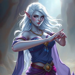 A captivating DnD character art depiction of Maeve, a striking figure with smooth light blue skin and elegantly pointed elven ears