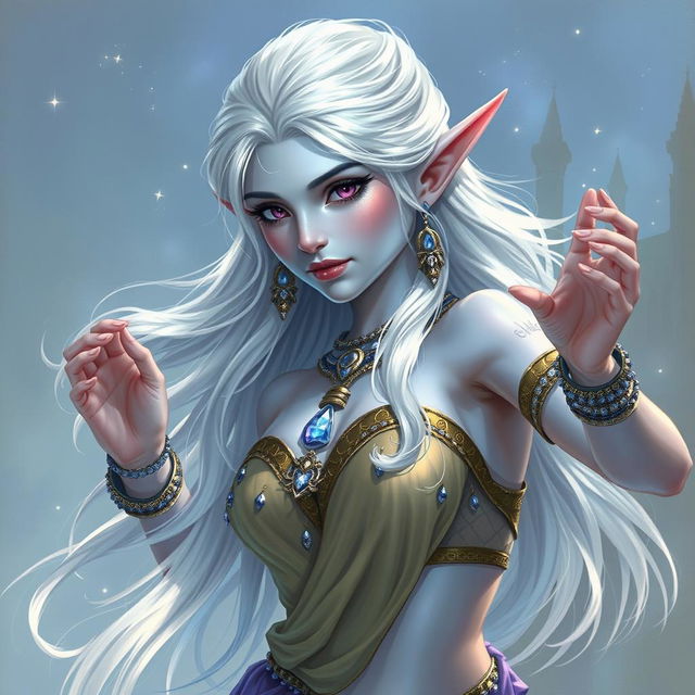 A captivating DnD character art depiction of Maeve, a striking figure with smooth light blue skin and elegantly pointed elven ears