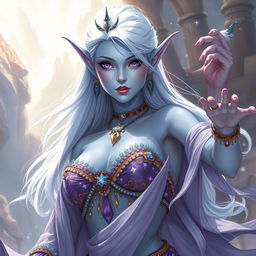 A captivating DnD character art depiction of Maeve, a striking figure with smooth light blue skin and elegantly pointed elven ears