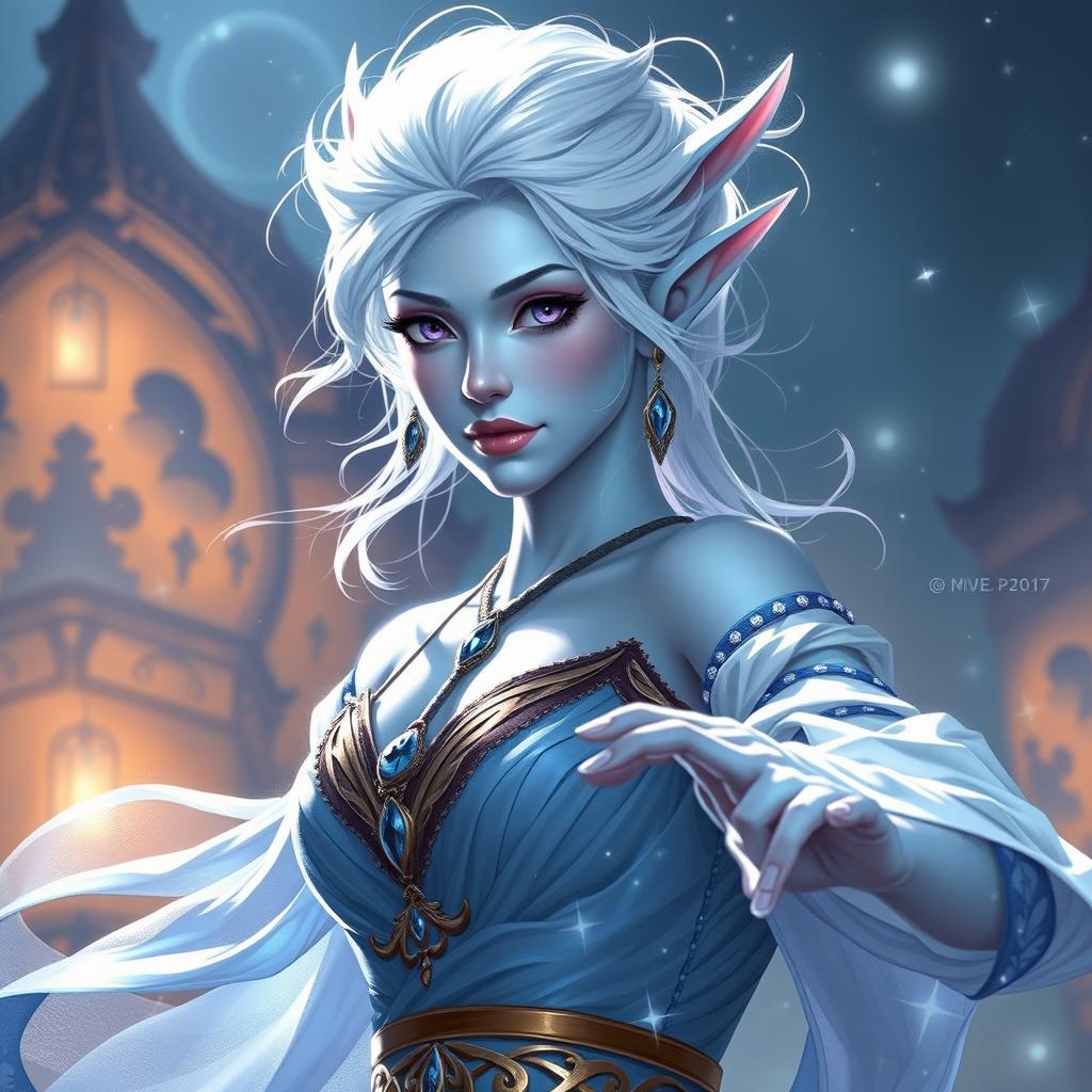 A mesmerizing DnD character art portrayal of Maeve, showcasing her as a striking figure with smooth, light blue skin and elegantly pointed elven ears