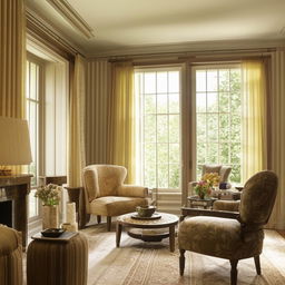 An elegantly furnished living room with natural light streaming through large windows, accentuating the rich textures of the furniture and decor.