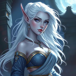 A mesmerizing DnD character art portrayal of Maeve, showcasing her as a striking figure with smooth, light blue skin and elegantly pointed elven ears