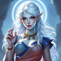 A mesmerizing DnD character art portrayal of Maeve, showcasing her as a striking figure with smooth, light blue skin and elegantly pointed elven ears