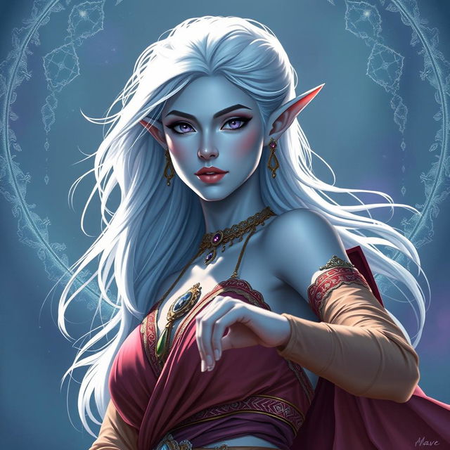 A mesmerizing DnD character art portrayal of Maeve, showcasing her as a striking figure with smooth, light blue skin and elegantly pointed elven ears