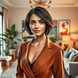 An interior design woman with a confident, creative aura, featuring a similar face to the user, showcasing a stylish short bob hairstyle, dressed in a chic, modern outfit