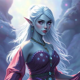 An enchanting DnD character art representation of Maeve, portrayed as a striking figure with smooth light blue skin and gracefully pointed elven ears