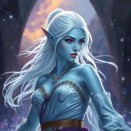 An enchanting DnD character art representation of Maeve, portrayed as a striking figure with smooth light blue skin and gracefully pointed elven ears