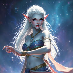 An enchanting DnD character art representation of Maeve, portrayed as a striking figure with smooth light blue skin and gracefully pointed elven ears