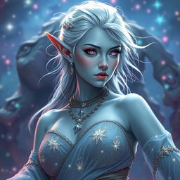 An enchanting DnD character art representation of Maeve, portrayed as a striking figure with smooth light blue skin and gracefully pointed elven ears