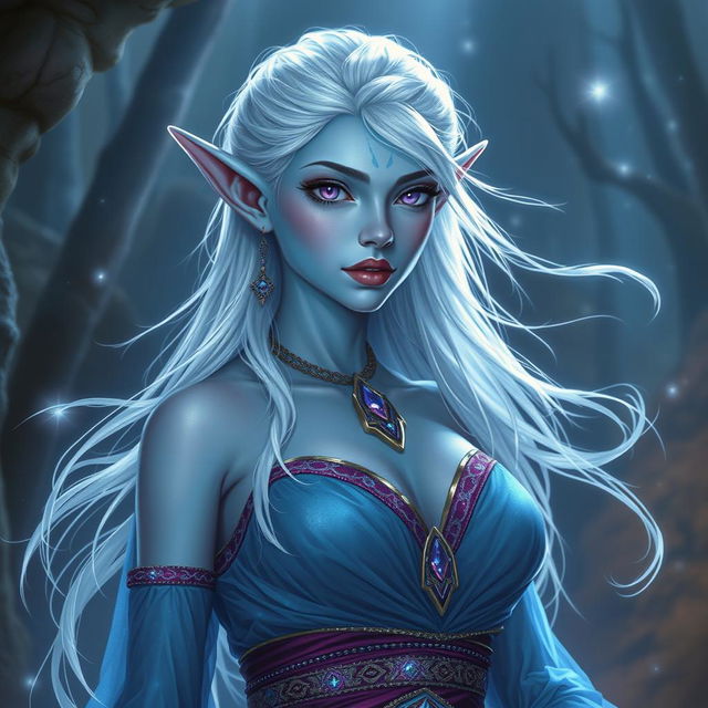 A stunning DnD character art portrayal of Maeve, depicted as a striking figure with radiant light blue skin and gracefully pointed elven ears