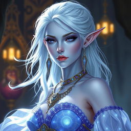 A stunning DnD character art portrayal of Maeve, depicted as a striking figure with radiant light blue skin and gracefully pointed elven ears