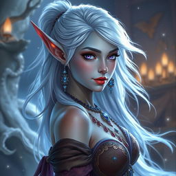 A stunning DnD character art portrayal of Maeve, depicted as a striking figure with radiant light blue skin and gracefully pointed elven ears