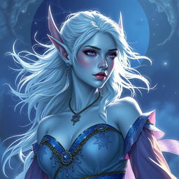 A stunning DnD character art portrayal of Maeve, depicted as a striking figure with radiant light blue skin and gracefully pointed elven ears