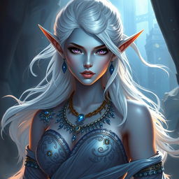 A captivating DnD character art of Maeve, depicted as a striking figure with smooth light blue skin and pronounced elven ears