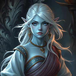 A captivating DnD character art of Maeve, depicted as a striking figure with smooth light blue skin and pronounced elven ears