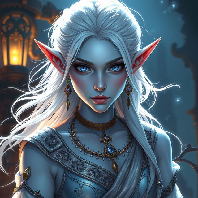 A captivating DnD character art of Maeve, depicted as a striking figure with smooth light blue skin and pronounced elven ears